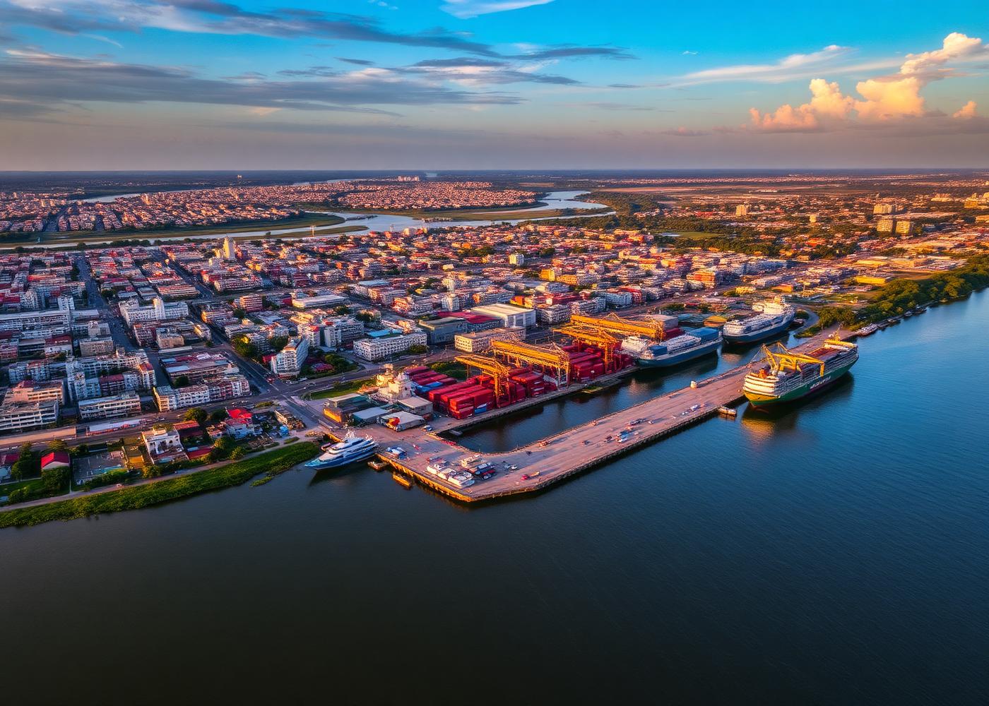 Vista aérea da orla e do terminal portuário de Macapá, no Amapá