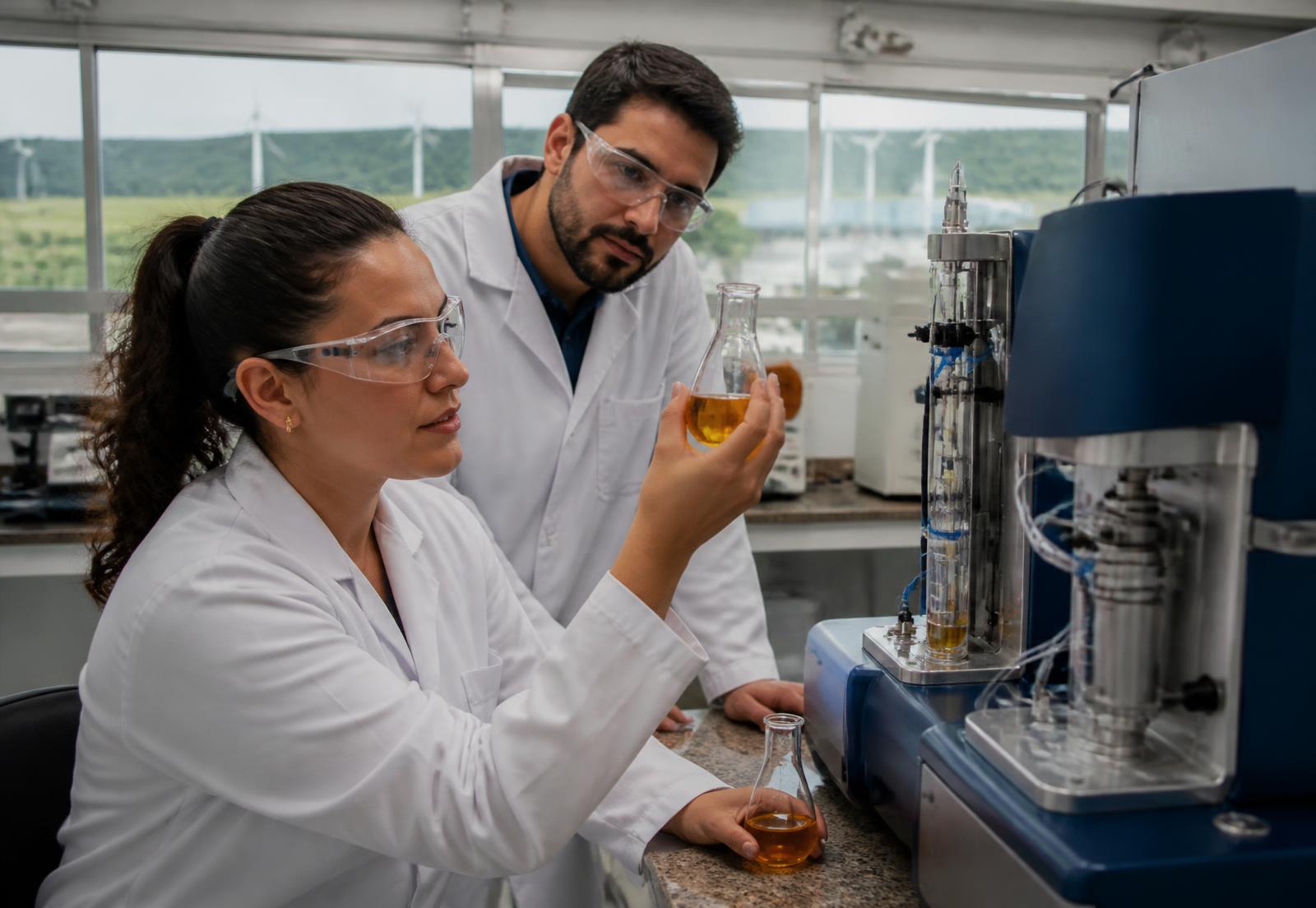 Pesquisadores analisando amostras de combustível em laboratório de energia
